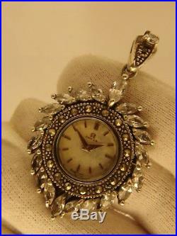 2764 Vintage Rare Omega Watch Pendant In Sterling Silver And Clear Stones, 1970