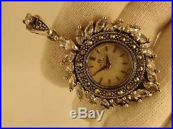 2764 Vintage Rare Omega Watch Pendant In Sterling Silver And Clear Stones, 1970
