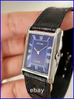 Citizen Tank Manual Wind Watch Blue Dial 21mm OMEGA Leather Strap Rare Vintage