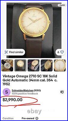OMEGA Automatic Solid 18K Yellow Gold Cal. 501 RARE VINTAGE 1950's