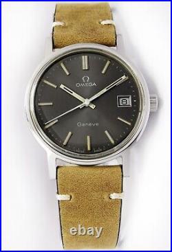 Omega Geneve Date Original Grey Dial Mens Vintage Watch 136.0099 RARE