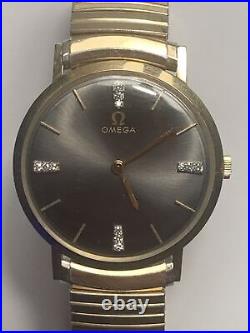 Rare Omega D 6672 Mens Watch 12 Diamonds 14K Gold! CAL. 620 Gray Pearlescent