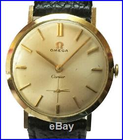 Rare Vintage Omega Sold By Cartier Solid 14k Yellow Gold Watch on Strap