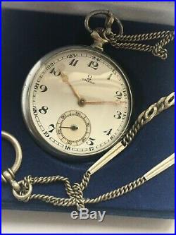 Rare Vintage Pocket Watch Omega Swiss Made Open Face Box Chain 15 Jewels Rrr