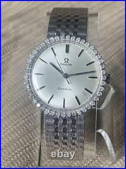 Vintage Omega 18k Rare White Gold Case + Bracelet Man's Watch 45 Diamonds Bezel