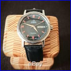Vintage Omega Geneve 1970s Cal. 750 Day Date Black Red Dial Men's Watch RARE