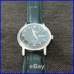 Vintage Omega Geneve 1970s Cal. 750 Day Date Black Red Dial Men's Watch RARE