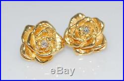 Vintage Rare Authentic Tiffany & Co 14K Gold Diamond Rose Flower Omega Earrings