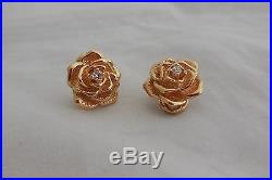 Vintage Rare Authentic Tiffany & Co 14K Gold Diamond Rose Flower Omega Earrings
